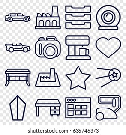 Contemporary icons set. set of 16 contemporary outline icons such as vacuum cleaner, office desk, heart, table box, cabriolet, factory, coffee machine, web camera, star