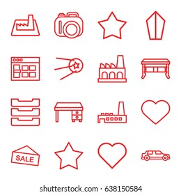 Contemporary icons set. set of 16 contemporary outline icons such as office desk, heart, table box, factory, star, browser window, camera, car, sword