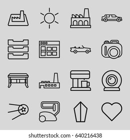 Contemporary icons set. set of 16 contemporary outline icons such as sun, vacuum cleaner, table box, factory, coffee machine, web camera, car, browser window, office desk