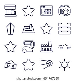 Contemporary icons set. set of 16 contemporary outline icons such as sun, star, vacuum cleaner, table box, factory, coffee machine, car, browser window, camera, sword