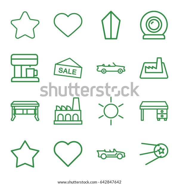 Contemporary icons set. set of 16 contemporary\
outline icons such as sun, star, office desk, heart, cabriolet,\
factory, coffee machine, web camera, car,\
sword