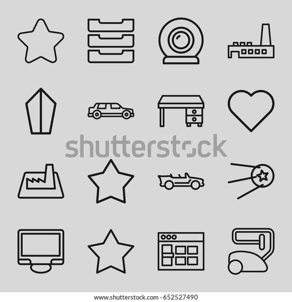 Contemporary
icons set. set of 16 contemporary outline icons such as star,
vacuum cleaner, office desk, display, table box, cabriolet,
factory, web camera, browser window,
car