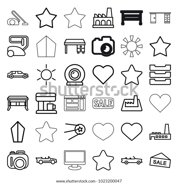 Contemporary icons. set of\
36 editable outline contemporary icons such as sun, star, vacuum\
cleaner, office desk, camera, heart, sword, sale, table box,\
cabriolet,\
factory