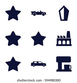 contemporary icons set. Set of 9 contemporary filled icons such as star, cabriolet, factory, coffee machine, car