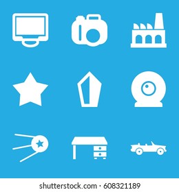Contemporary icons set. set of 9 contemporary filled icons such as office desk, display, factory, web camera, car, star, sword