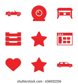 Contemporary icons set. set of 9 contemporary filled icons such as star, heart, table box, web camera, car, office desk