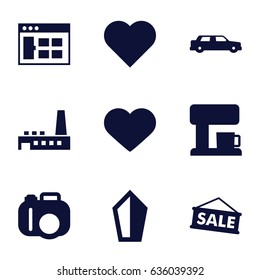Contemporary icons set. set of 9 contemporary filled icons such as heart, factory, coffee machine, sale, car, sword, camera