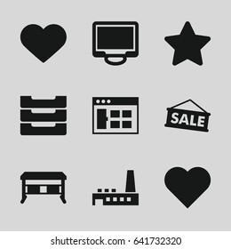 Contemporary icons set. set of 9 contemporary filled icons such as display, heart, star, table box, factory, sale, office desk
