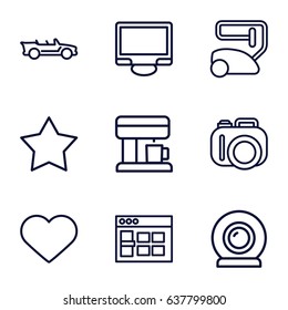 Contemporary icons set. set of 9 contemporary outline icons such as vacuum cleaner, display, heart, cabriolet, coffee machine, web camera, star, browser window