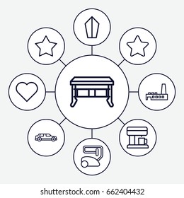 Contemporary icons set. set of 9 contemporary outline icons such as vacuum cleaner, star, factory, coffee machine, office desk, car, sword