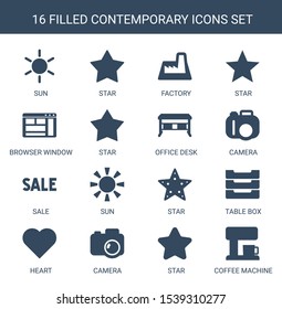 contemporary icons. Trendy 16 contemporary icons. Contain icons such as sun, star, factory, browser window, office desk, camera, sale, table box. contemporary icon for web and mobile.
