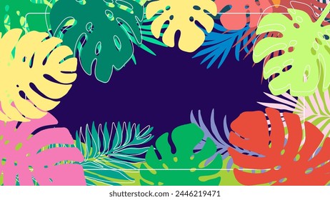 contemporary illustration jungle plant frame with colorful tropical leaves, monsteras and palm leaves on a dark blue background