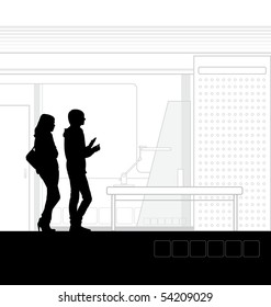 Contemporary illustration of the school interior. In the foreground are students. Near them stands a table and lamp.