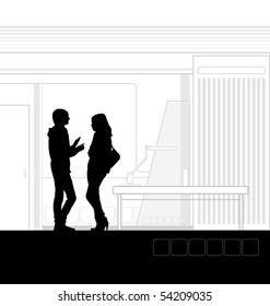 Contemporary illustration of the school interior. In the foreground are students. Near them stands a table and lamp.