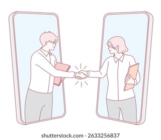A contemporary illustration showcasing a virtual handshake between two professionals, each utilizing their smartphones