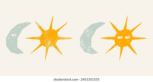 Contemporary illustration with textured moon and sun. Vector print, postcard, design element