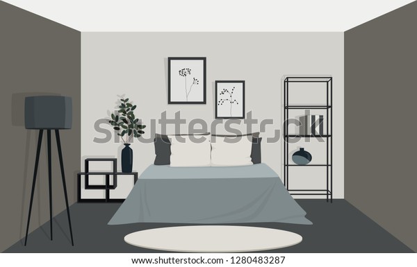 Contemporary Interior Bedroom Bed Nightstand Bookcase Stock Vector Royalty Free 1280483287