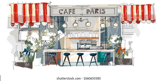 Contemporary interior cafe doodles in neo-classical style.Hand drawn sketch.