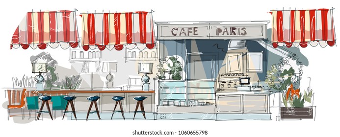 Contemporary interior cafe doodles in neo-classical style.Hand drawn sketch.