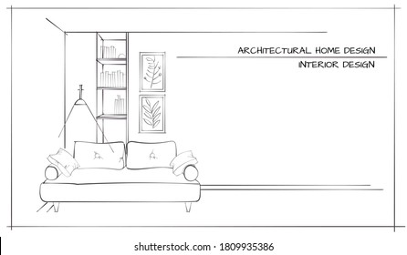 Contemporary Interior Design Hand Drawn Illustration. Black Outline On White Background