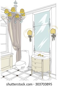 Contemporary interior doodles bathroom un white background.
