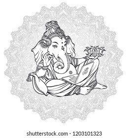 Contemporary ironic Ganesha. Relaxed god with laptop in hands and shows OK symbol. Hindu lord Ganesh  over ornate mandala. Ganesh Puja. Ganesh Chaturthi. Vector hand drown illustration.