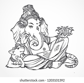 Contemporary ironic Ganesha. Relaxed god with laptop in hands and shows OK symbol. Hindu lord Ganesh with riding rat.Ganesh Puja. Ganesh Chaturthi. Vector hand drown illustration.Emblem in comic style