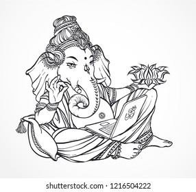 Contemporary ironic Ganesha. Relaxed god with laptop in hands and shows OK symbol. Hindu lord Ganesh  over ornate mandala. Vector hand drown illustration.