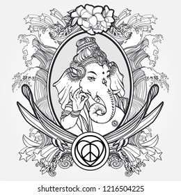 Contemporary ironic Ganesha. Relaxed god with laptop in hands and shows OK symbol. Hindu lord Ganesh  over ornate mandala. Vector hand drown illustration.