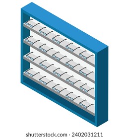 A contemporary isometric illustration of a glasses display case, perfect for optometrists, sunglasses retailers, and fashion brands.