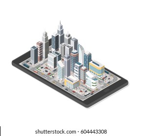 Contemporary isometric smart city on a digital tablet with skyscrapers, people and vehicles on white background