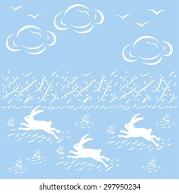 Contemporary Japanese pattern design, rabbits run in the grass field