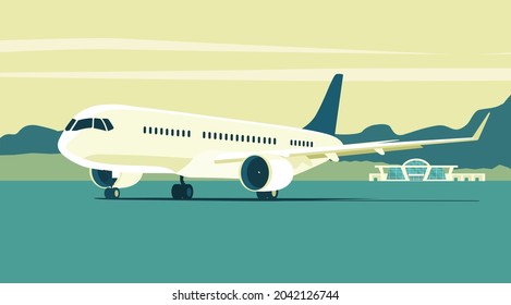 Aerolíneas de jet-line contemporáneas sobre el fondo de un paisaje abstracto. Ilustración vectorial. 