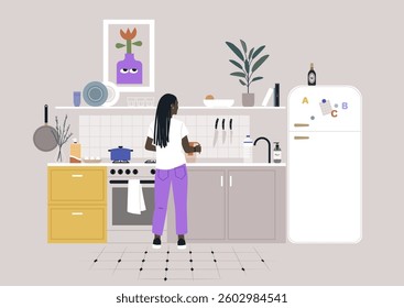 In a contemporary kitchen with soft pastel colors, a female character works joyfully, engaged in a culinary activity surrounded by plants and colorful decor