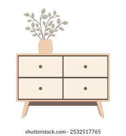 Contemporary ladies' chest of drawers with flowers in a vase. Commode modern. Bedroom interior in a flat style. Furniture for the bedroom and living room. Vector illustration