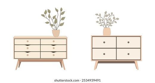 Moderne Damen Kommode mit Blumen in einer Vase. Kommode modern. Die Inneneinrichtung der Schlafzimmer ist flach. Möbel für Schlafzimmer und Wohnzimmer. Vektorgrafik