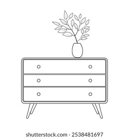 Contemporary ladies' chest of drawers with flowers in a vase. Commode modern of drawers in black and white. Bedroom interior in a flat style. Furniture for the bedroom and living room.