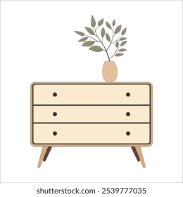 Contemporary ladies' chest of drawers with flowers in a vase. Commode modern. Bedroom interior in a flat style. Furniture for the bedroom and living room. Vector illustration