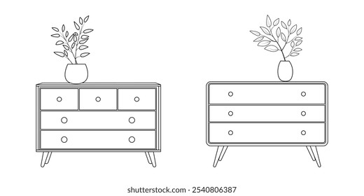 Contemporary ladies' chest of drawers with flowers in a vase. Commode modern of drawers in black and white. Bedroom interior in a flat style. Furniture for the bedroom and living room.