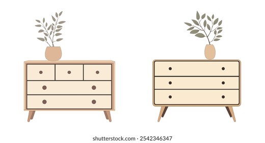 Contemporary ladies' chest of drawers with flowers in a vase. Commode modern. Bedroom interior in a flat style. Furniture for the bedroom and living room. Vector illustration