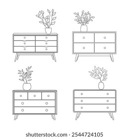 Contemporary ladies' chest of drawers with flowers in a vase. Commode modern of drawers in black and white. Bedroom interior in a flat style. Furniture for the bedroom and living room.