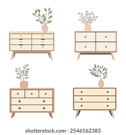 Contemporary ladies' chest of drawers with flowers in a vase. Commode modern. Bedroom interior in a flat style. Furniture for the bedroom and living room. Vector illustration