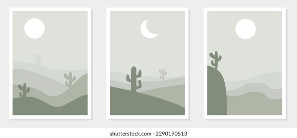 Contemporary landscape vector illustration. Abstract Design Aesthetic cactus growing in hilly desert, sun, crescent moon suitable for living room wall decoration, backdrop, wallpaper, template.