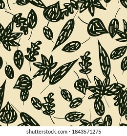 Diseño de patrones de hojas contemporáneas con formas de guiones abstractos en el interior. Diseño de patrones sin fisuras de vectores para textiles, moda, papel, embalaje y marca. 