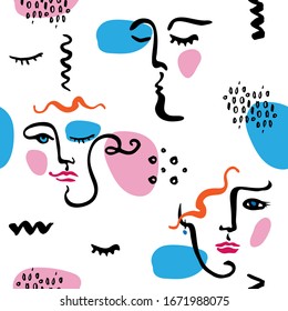 Línea contemporánea sin fisuras con caras femeninas en un estilo minimalista. Dibujo vectorial de diseño moderno de moda, moda y salón de belleza.