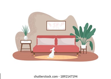 Contemporary living room 2D vector web banner, poster. Grey walls, red couch with pillows. Empty household flat scene on cartoon background. Lounge printable patch, colorful web element