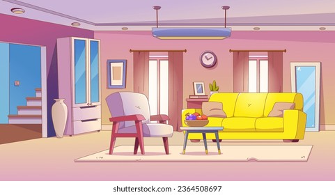 Modernes Wohnzimmer mit Sofa, Sessel. Vektorcartoon-Illustration des Innenraums, Bücherregal, Spiegel in der Nähe der Wand, Teppich auf dem Boden, Obstschale auf dem Tisch, Treppe im Gang, Fotorahmen auf der Schublade