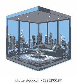 A contemporary living room cube featuring a sofa, coffee table, and rug, with a panoramic view of a bustling city skyline.