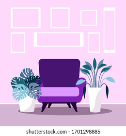 Contemporary living room interior design. Flat cartoon style. Pink and violet colors. Armchair, houseplants and pictures in frames. Graphic elements. Comfortable home and apartment. Cozy decoration