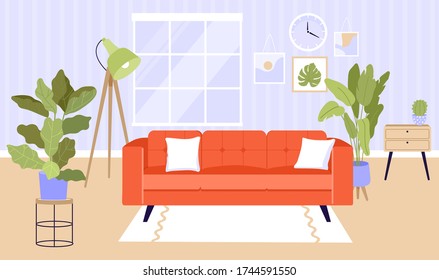 Contemporary living room interior. Red sofa, big window, house plants, lamp and trendy decor accessories. Vector illustration. 